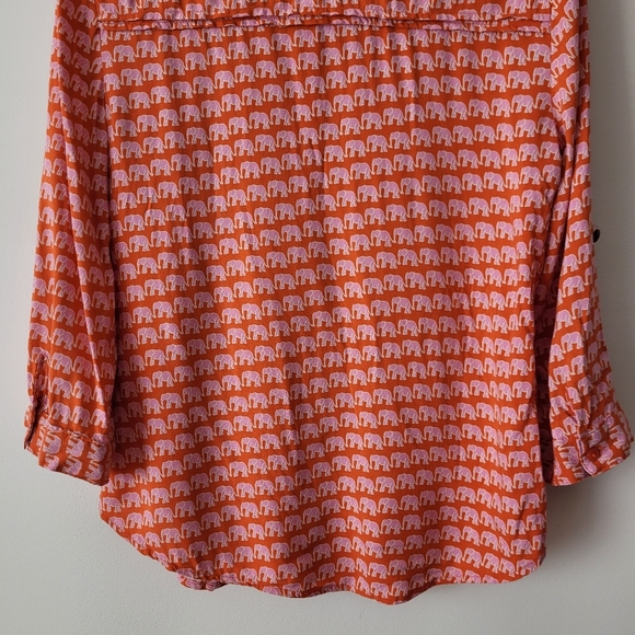 A.N.A. A New Approach Long Sleeve Blouse Orange + Pink Elephants Pleated Front - Picture 8 of 15